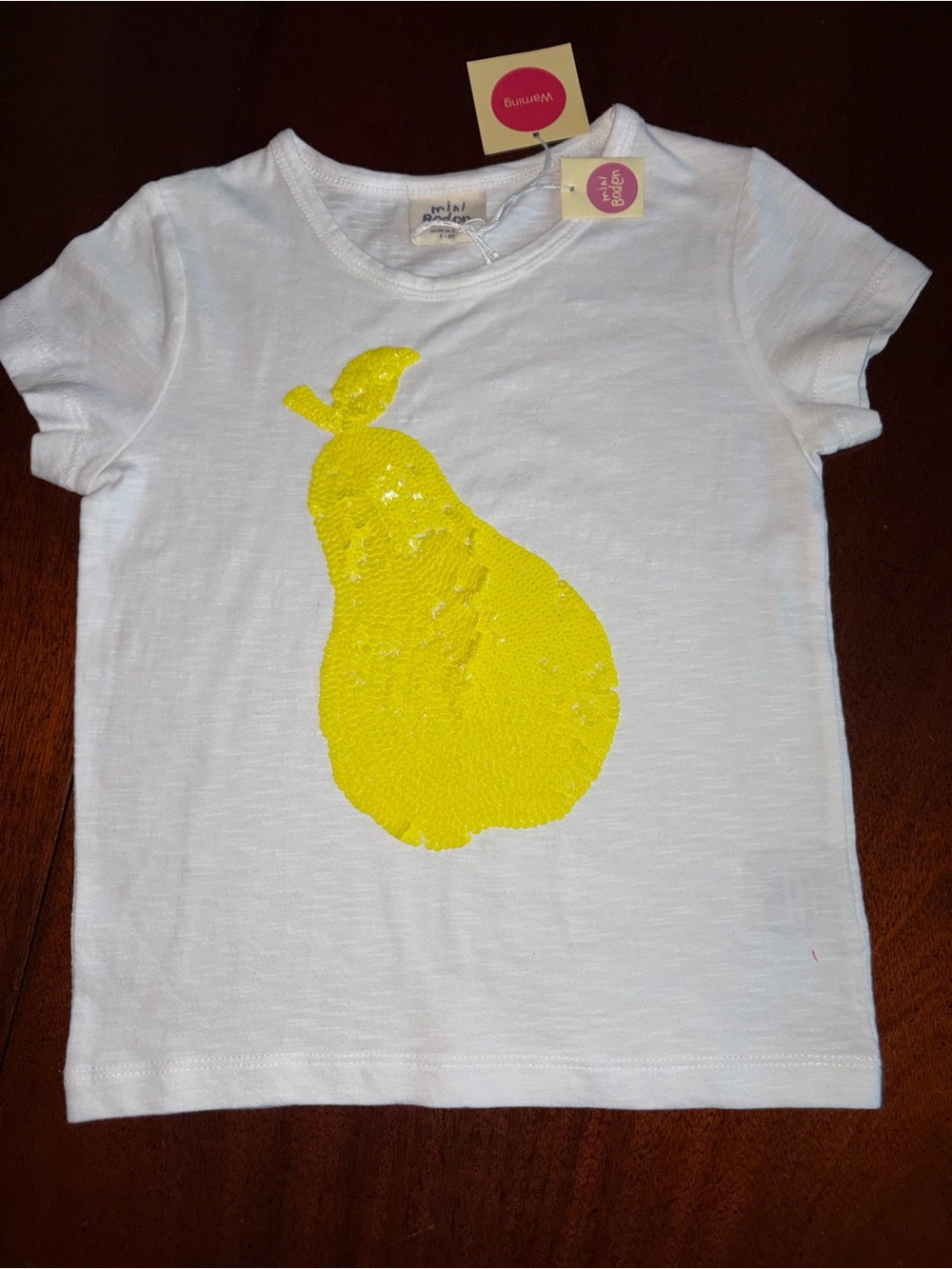 Mini Boden White Short Sleeve Tee with Yellow Sequin Pear